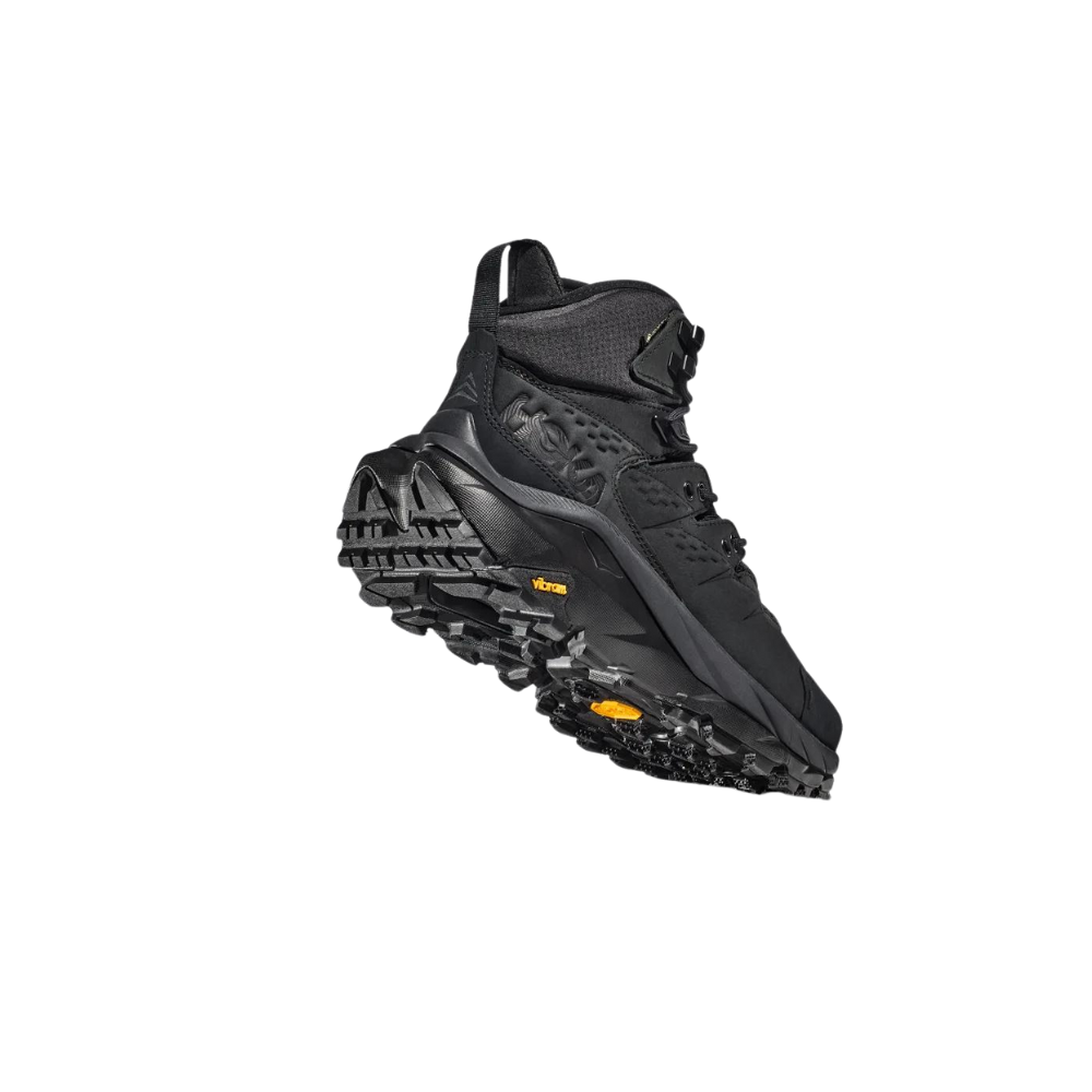 Chaussures de randonnée Kaha 2 GORE-TEX noires de HOKA avec technologie Vibram® Mega-Grip, tissu recyclé et cuir nubuck imperméable.