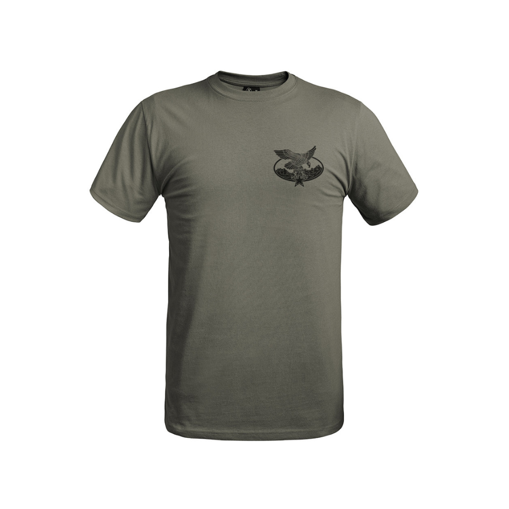 Logo Troupes de Montagne sur t-shirt vert olive en coton 100%