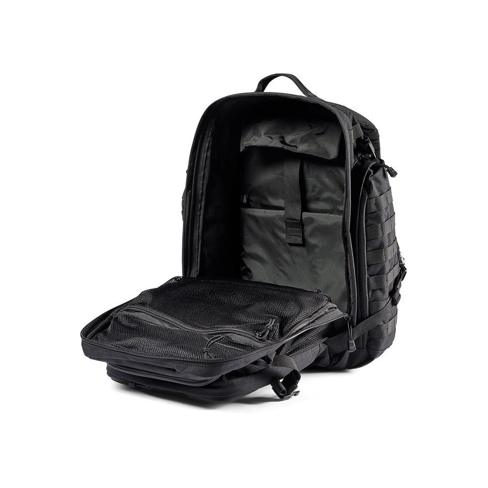 Sac à dos tactique Rush 72 de 5.11 en noir avec une capacité de 55L, nombreux compartiments et résistant à l'eau
