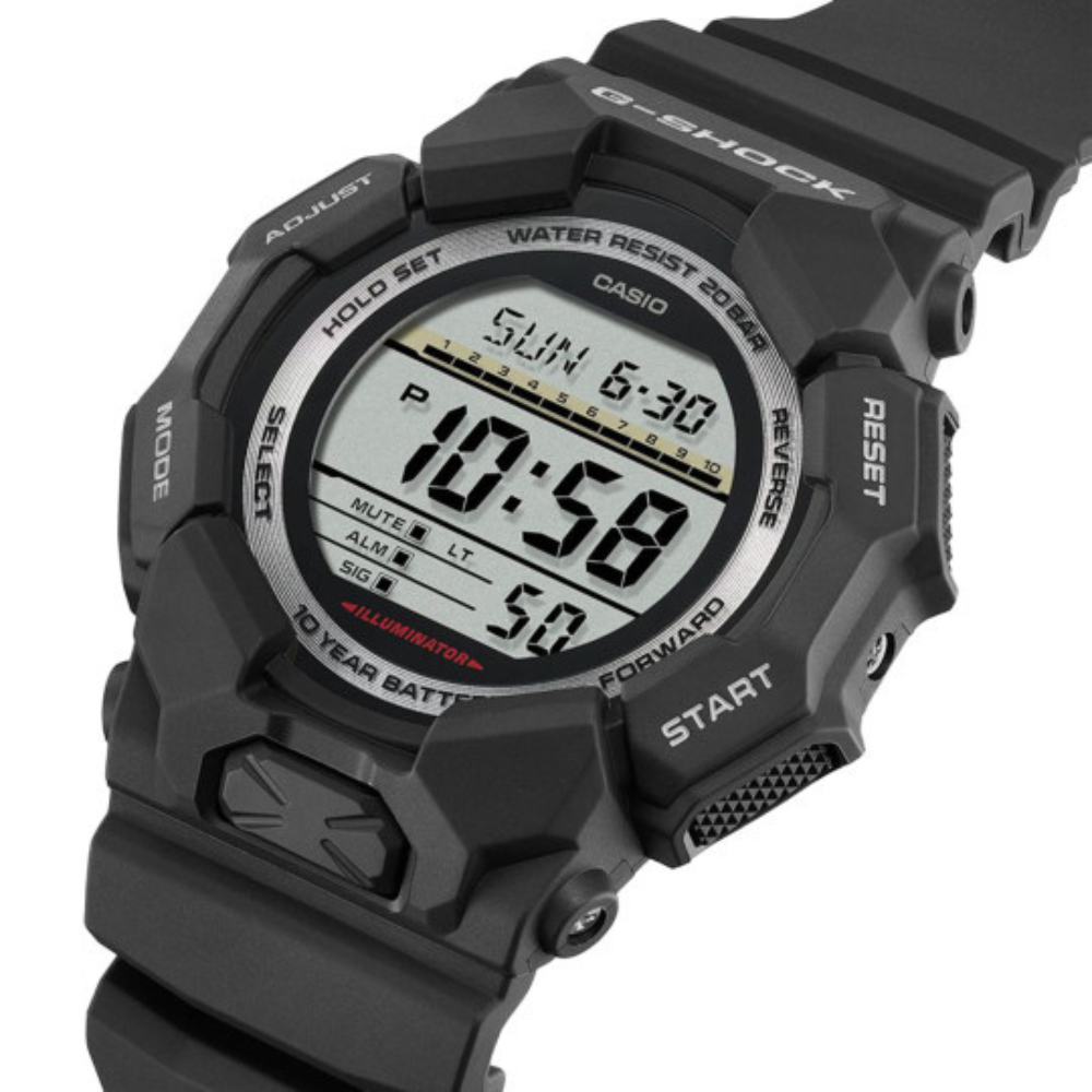 Montre numérique G-Shock GD-010 de Casio en résine biosourcée, avec éclairage LED, fonctions d'heure universelle et de chronomètre, étanche jusqu'à 20 bars.