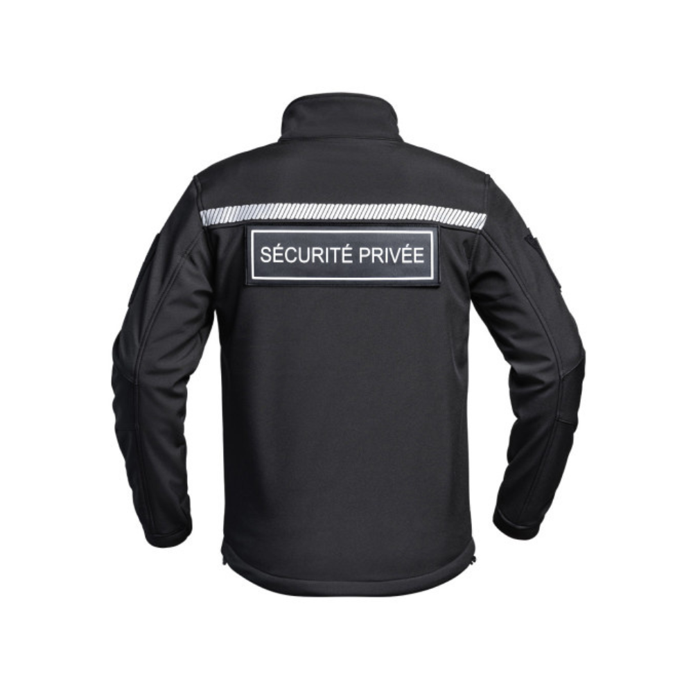 Veste Softshell noire SÉCU-ONE HV-TAPE pour sécurité privée, résistante, ergonomique et technique par A10 Equipment