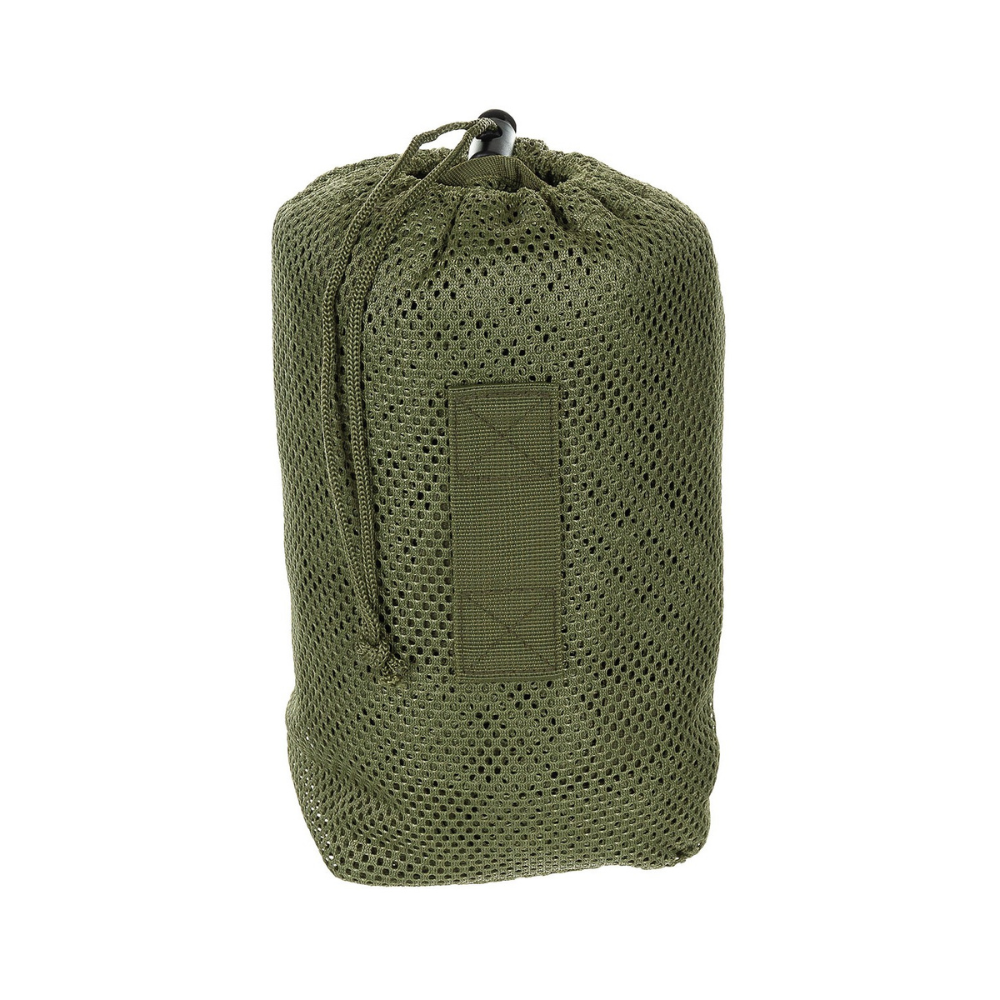 Manteau à filet olive MFH avec fermeture à clic, capuche amovible, cordon élastique, passants et sac de transport, en 100% Nylon