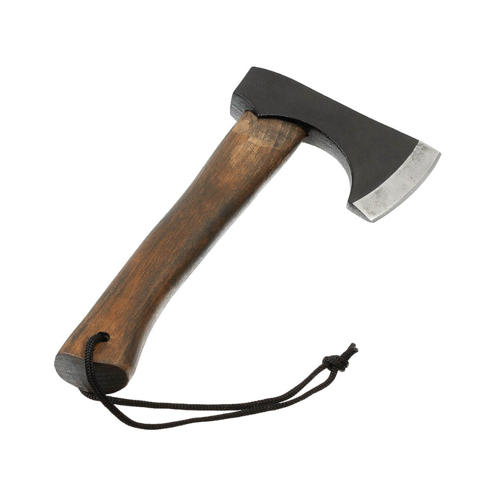 Hache Viking MFH avec tête noircie en inox, manche en bois de frêne et fourreau en cuir riveté, longueur totale 28.5cm, lame 8.5cm, tête