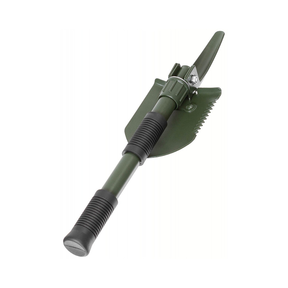 Multifonctionnelle pelle pliante vert olive MFH, utilisable comme pelle, scie et houe, antidérapante avec pochette incluse, dimensions 13 x 9,5 cm,