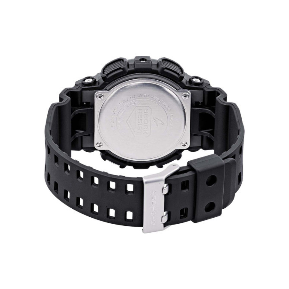 Montre G-Shock GA-110 noire de Casio avec cadran en verre minéral, boîtier et bracelet en résine durable, affichage numérique et analogique et résistance magnétique.