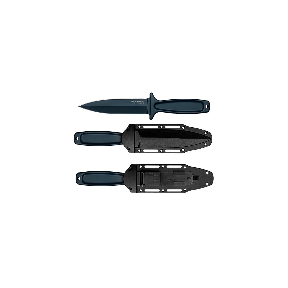 Image d'un couteau de botte Cold Steel Drop Forged Boot 36MB avec lame à double tranchant, construction monobloc et gaine Secure-Ex pour un transport sécurisé