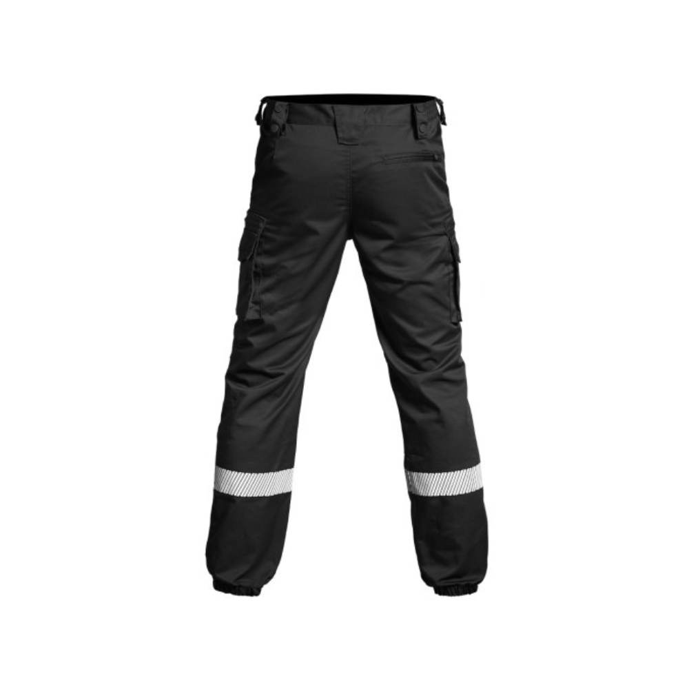 Pantalon noir V2 SÉCU-ONE avec bas élastique et bandes rétro-réfléchissantes HV-TAPE, résistant et fonctionnel, parfait pour les missions de sécurité privée - A10 Equipment