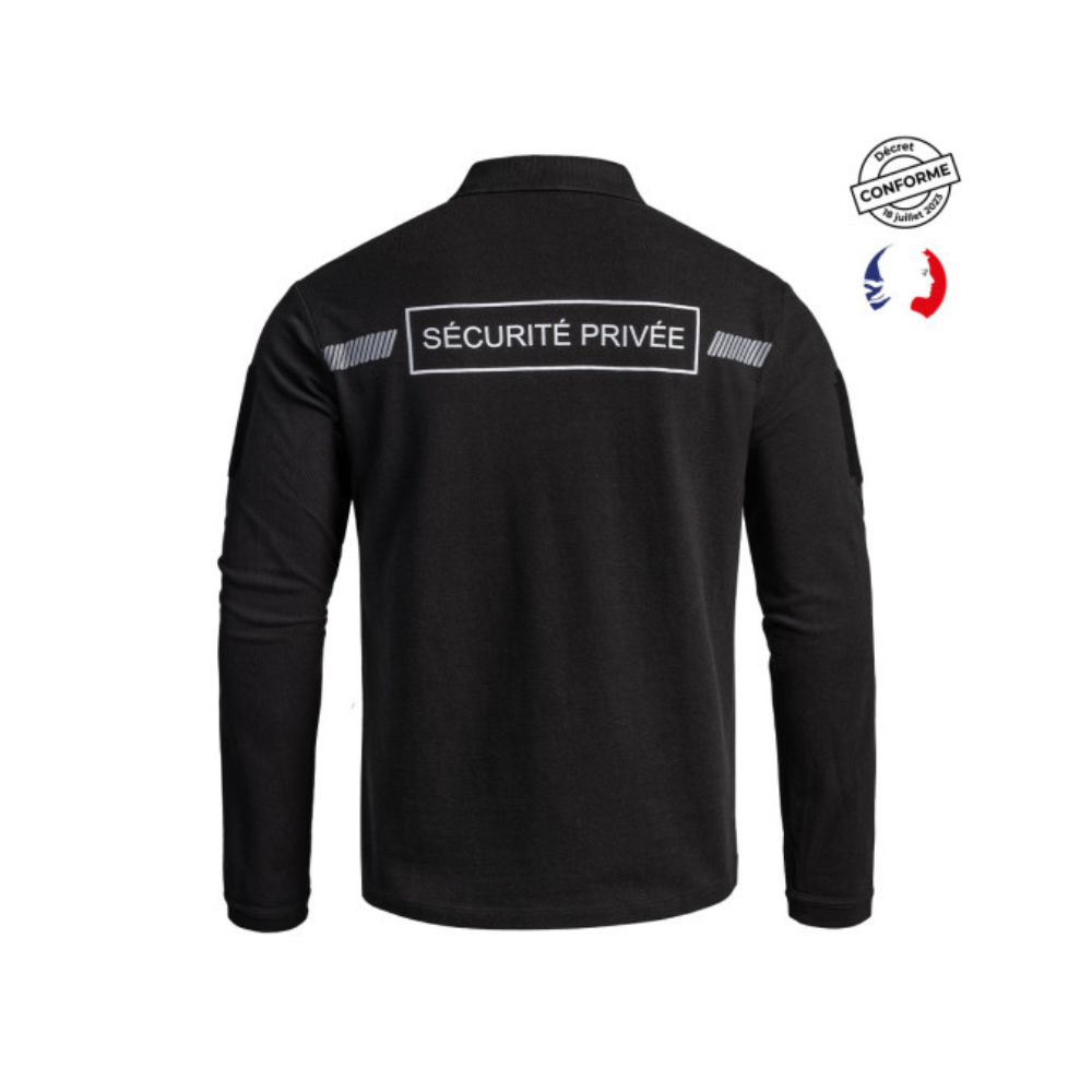 Long-sleeved SÉCU-ONE private security polo shirt by A10 Equipment, with reflective 'Private Security' print, velcro patches, and a fitted cut.