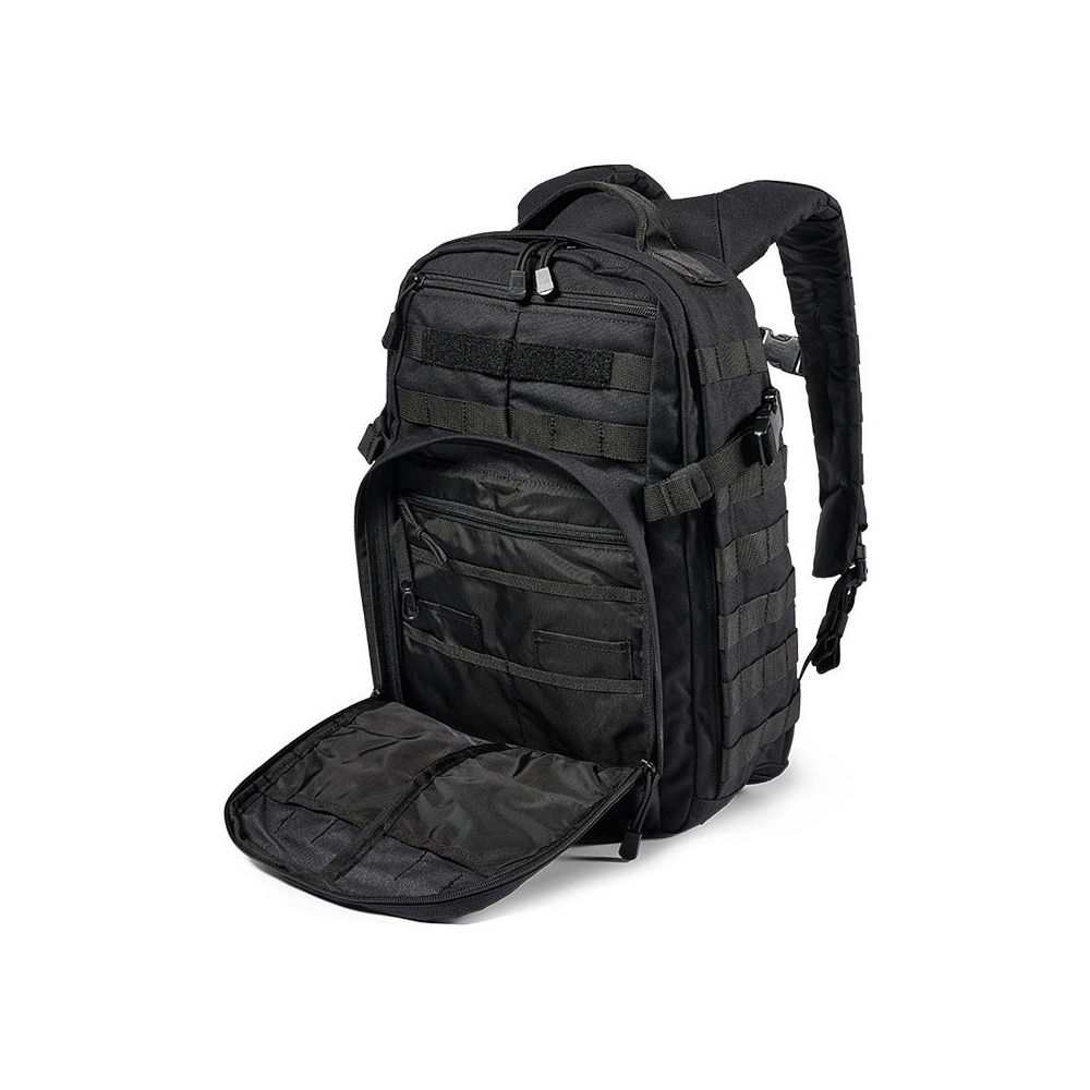 Petit sac à dos tactique Rush 12 noir 2.0 de 5.11, résistant et fonctionnel, idéal pour missions et treks, avec compartiments multiples et durable en nylon 1050D.