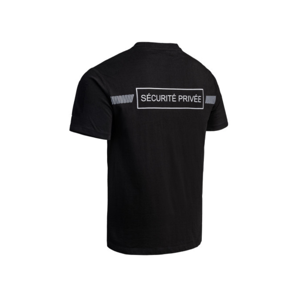 Image du t-shirt SÉCU-ONE Sécurité Privée noir d'A10 Equipment, résistant et ergonomique, avec marquage 'SÉCURITÉ PRIVÉE' et bande grise imprimée,