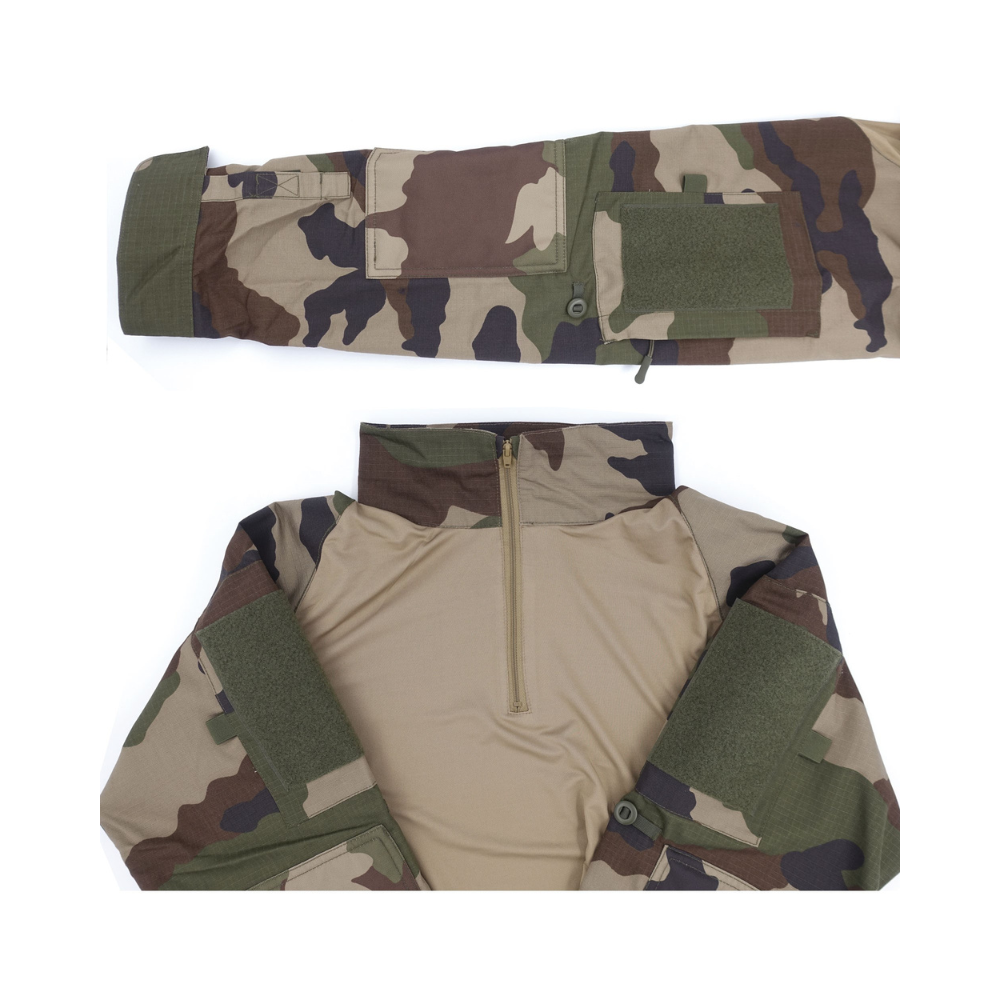 Chemise de combat UBAS en polyester CAM CE, adaptée pour être portée sous le gilet de combat avec des poches zippées et des manches réglables.