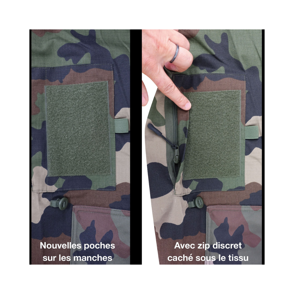 Chemise de combat UBAS en coton, couleur Cam CE, avec poches sur les manches, col fermé par fermeture à glissière, empiècements aux coudes, et manches retrou