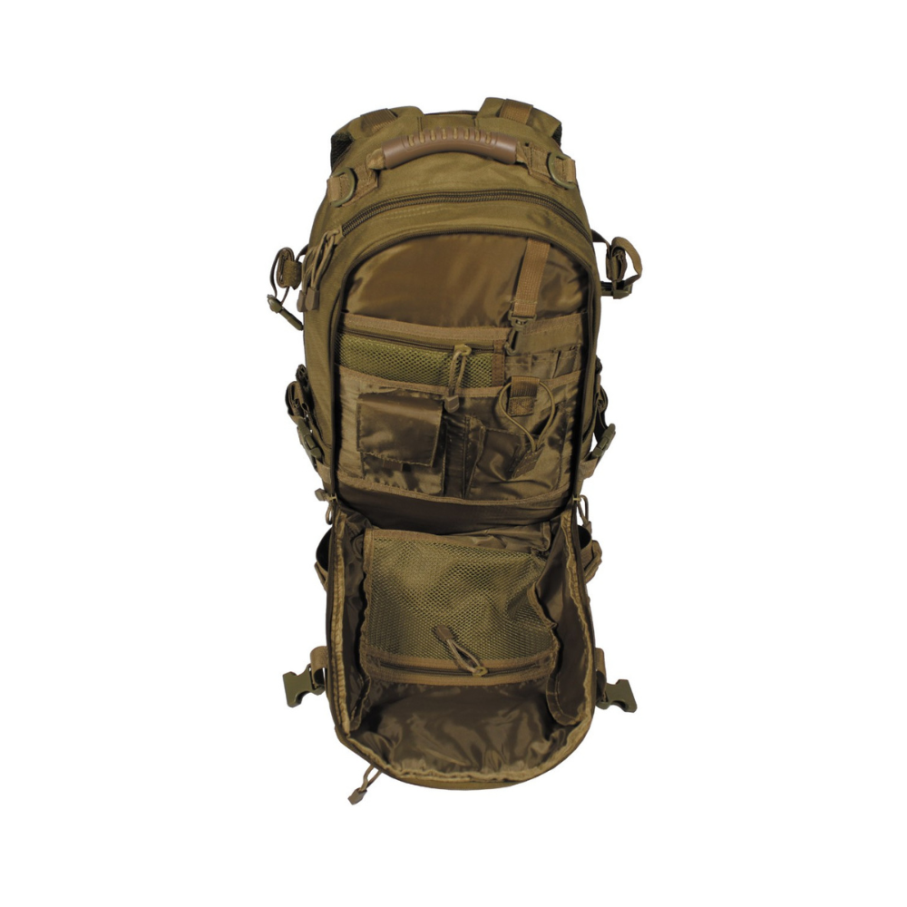 Sac à dos Aktion 30L Coyote de MFH en polyester résistant, avec bretelles ajustables, multiples poches et passants MOLLE