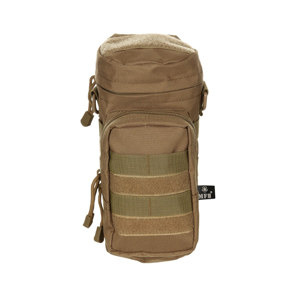 Sac rond Molle Coyote de MFH avec grand compartiment principal, poche frontale, et mousqueton en métal, fabriqué en 100% polyester