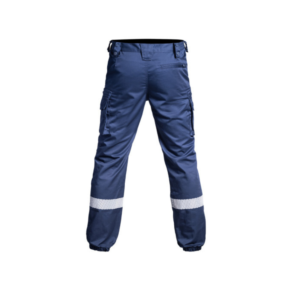 Pantalon V2 SÉCU-ONE bleu marine à bandes réfléchissantes HV-TAPE, résistant et ergonomique, conçu par A10 Equipment pour la sécurité privée