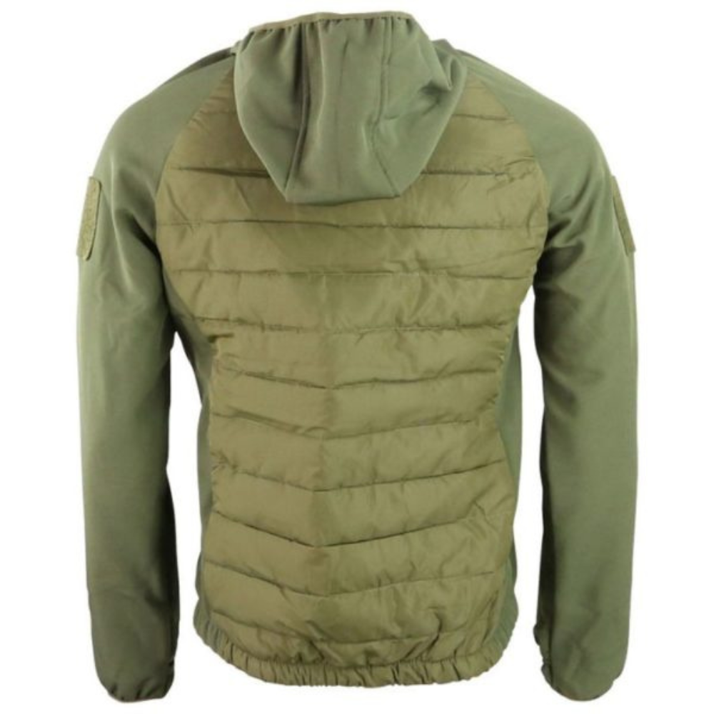 Veste bi-matière Venom vert olive de Kombat Tactical avec corps côtelé, bras en softshell, capuche tempête et deux poches extérieures zippées