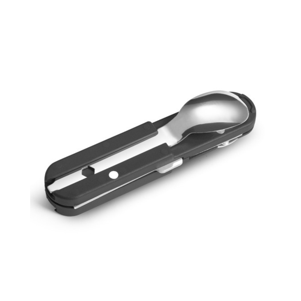 Multifonctionnel couteau de poche noir Le Bivouac® par TB Outdoor, fabriqué en France, avec manche ergonomique, fourchette et cuillère intégrées