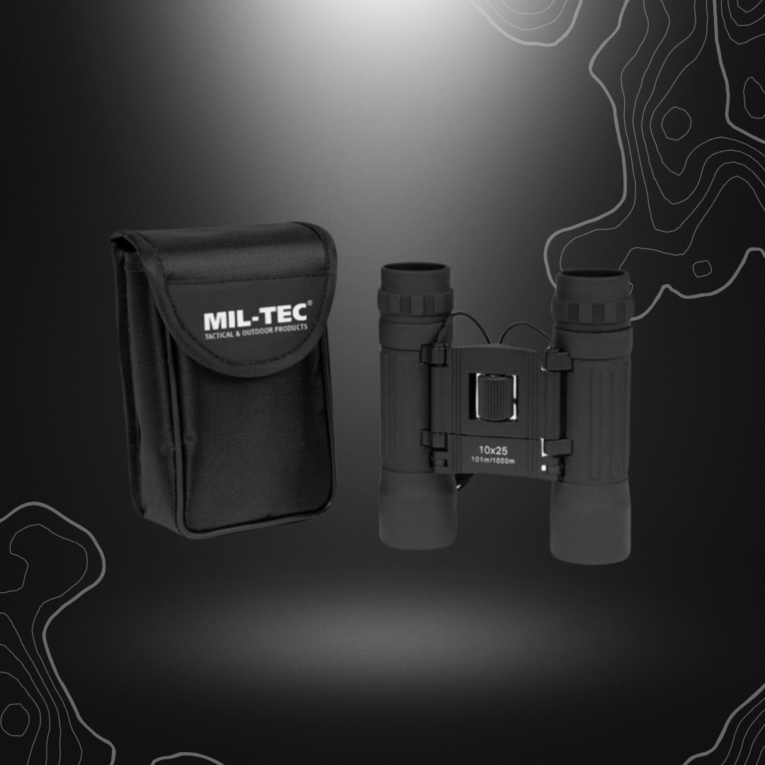 Jumelles pliables noires 10x25 de Miltec avec étui en nylon, diamètre d'objectif 25mm, poids de 220g et champ visuel de 101m/1000m