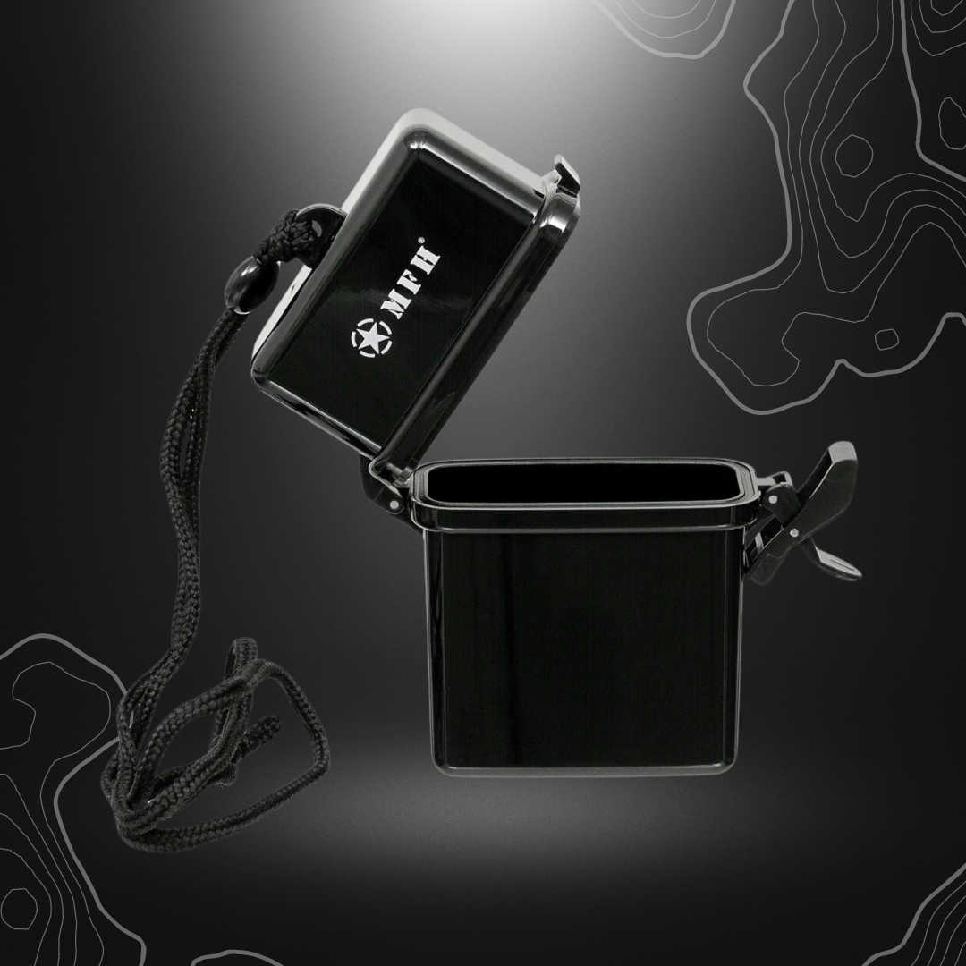 Boîte étanche tour de cou noire MFH en plastique résistant, avec joint en caoutchouc et fermeture à pression latérale