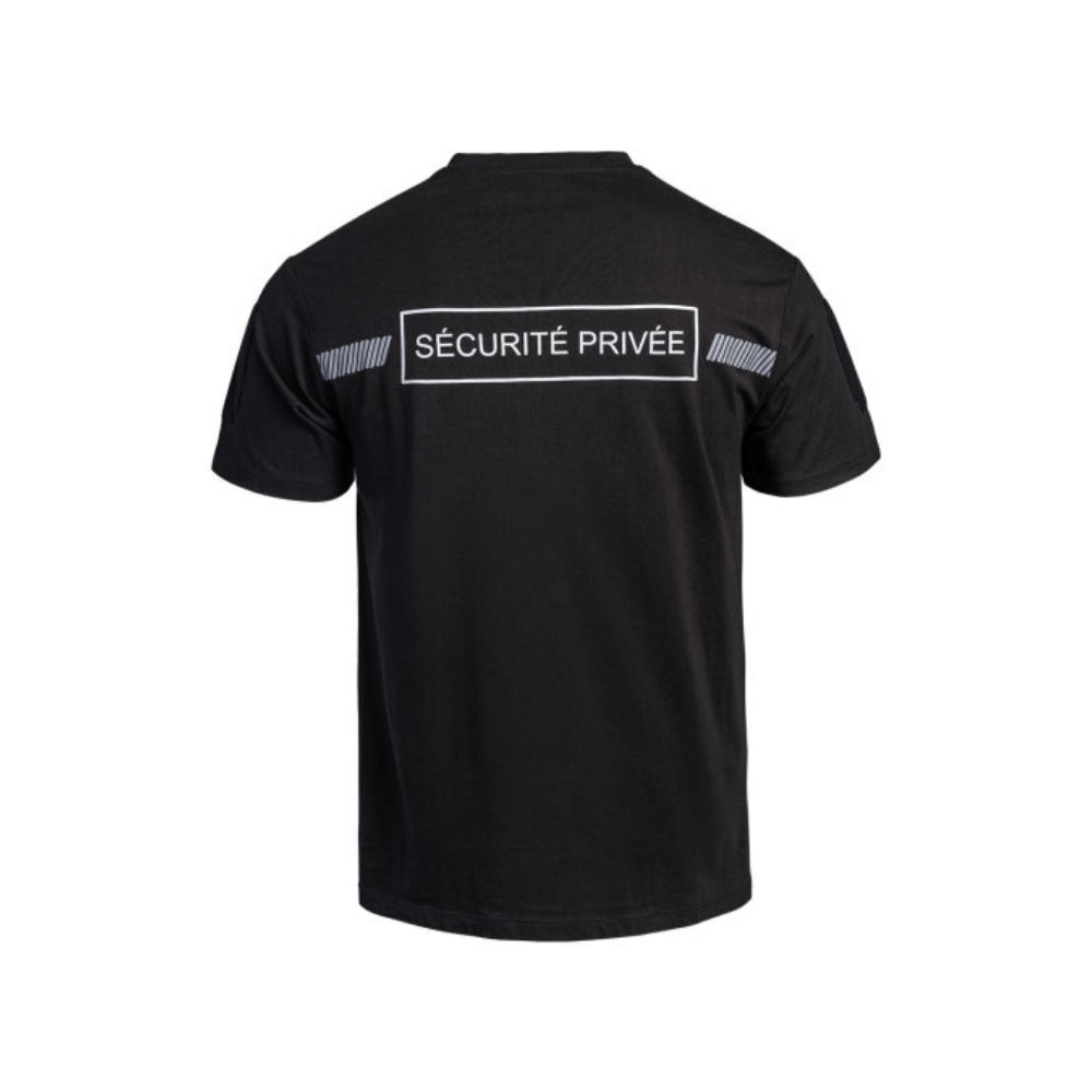 T-shirt noir SÉCU-ONE pour sécurité privée de A10 Equipment avec marquage rétro-réfléchissant et velcros pour accessoires