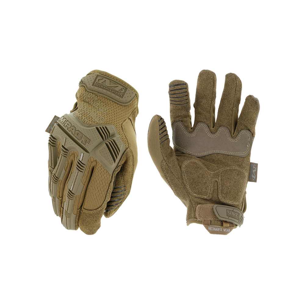 SEO optimised alt tag for Mechanix M-Pact Gloves designed for military and law enforcement, featuring breathable TrekDry fabric, thermoplastic rubber reinforcement, reinforced microfiber with Armortex lining and D3O foam padding, touchscreen compatible, reinforced