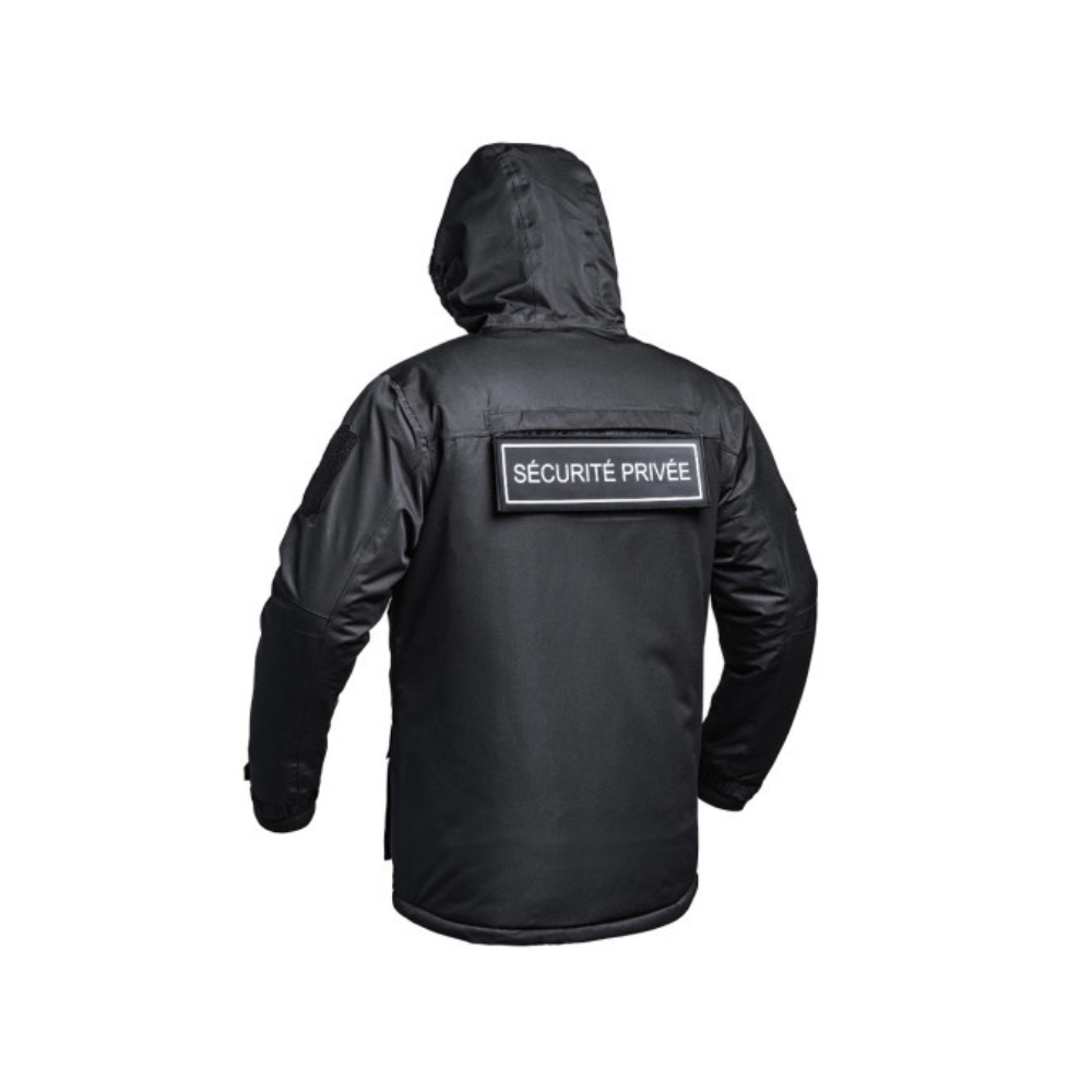 Parka noire Hardshell SÉCU-ONE WF 150 pour sécurité privée avec technologie HEAT PROTECT et HARD-SHELL de A10 Equipment