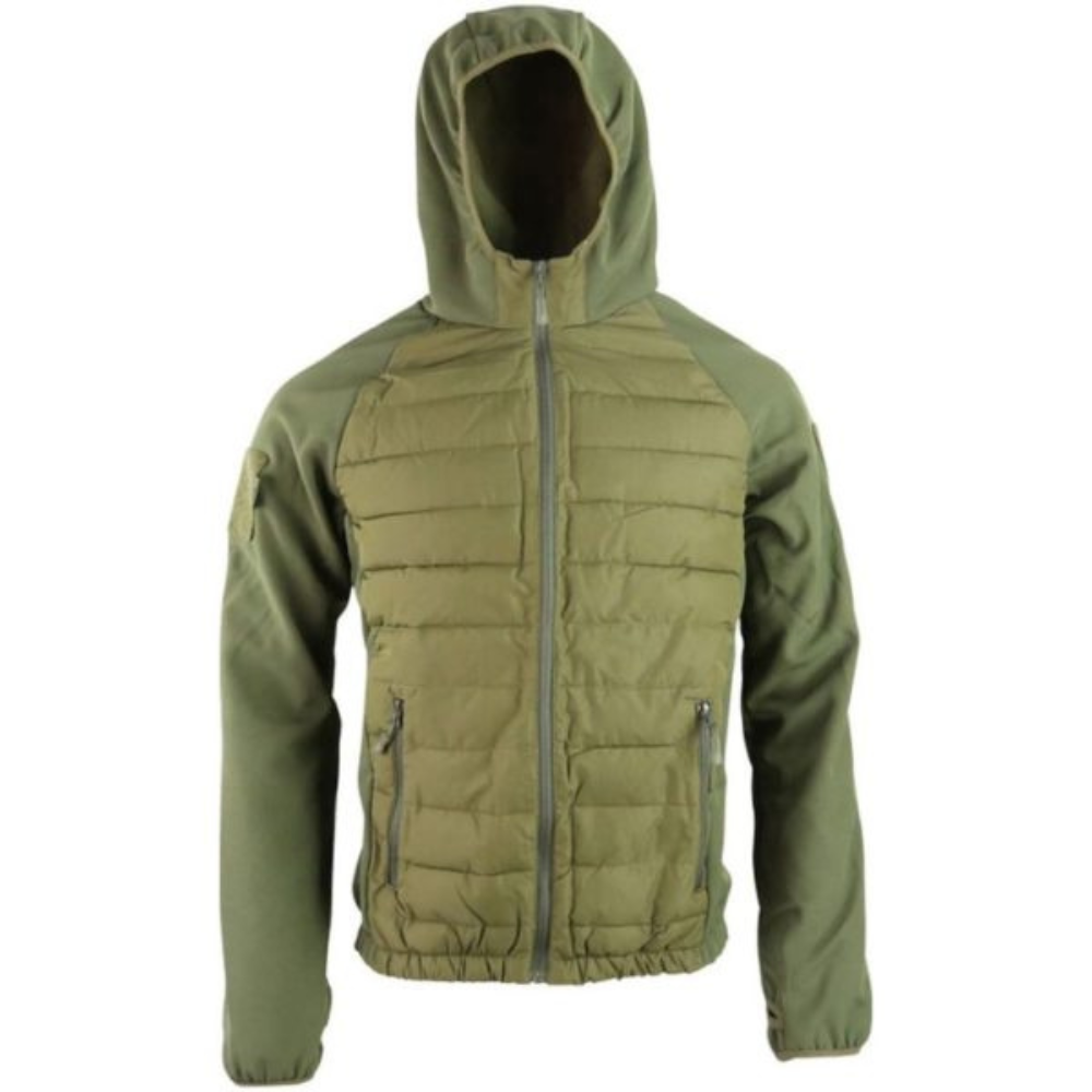Veste bi-matière Venom vert olive de la marque Kombat Tactical avec corps côtelé, bras en softshell, capuche tempête et velcros pour écussons.