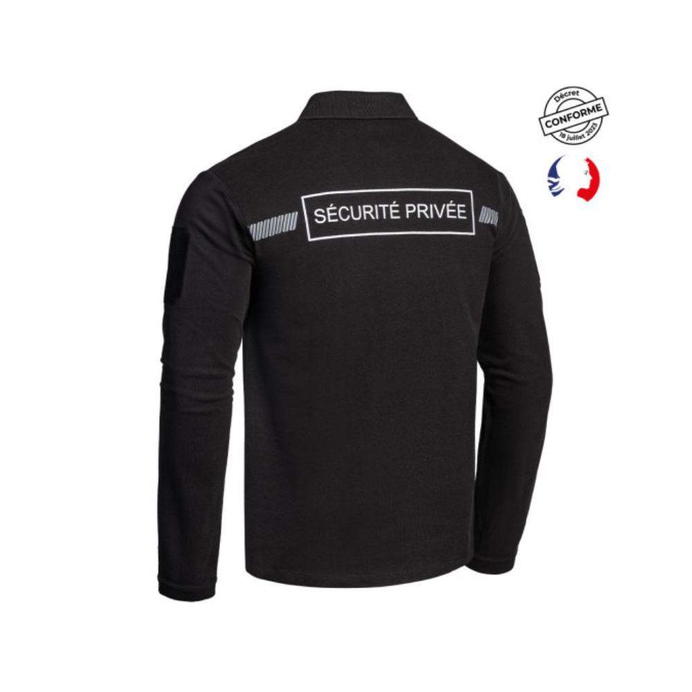 Alt text : Polo manches longues Sécu-One pour sécurité privée de marque A10 Equipment, noir, 100% coton, avec marquage rétro-réfléchissant, taille XS à 4XL