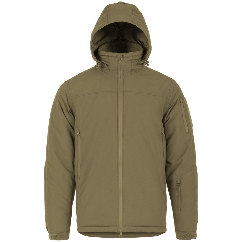 Veste d'hiver Stryker imperméable et coupe-vent en nylon micro-ripstop de couleur verte Highlander, dotée d'une capuche réglable, de coutures soudées et d'une doublure