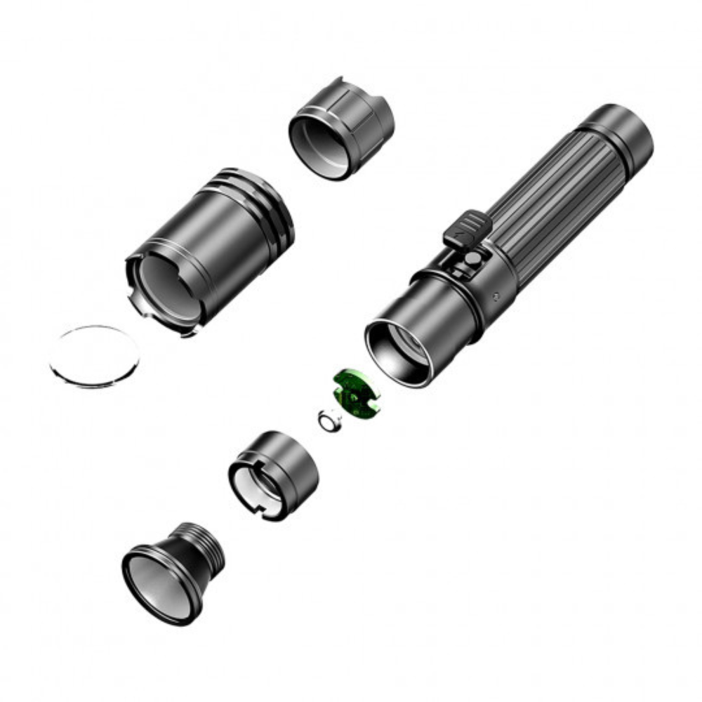 Klarus A1 Pro 1300 Lumens lampe rechargeable noire avec prise USB-C intégrée, double interrupteur latéral et bague crantée de brise-vitre.