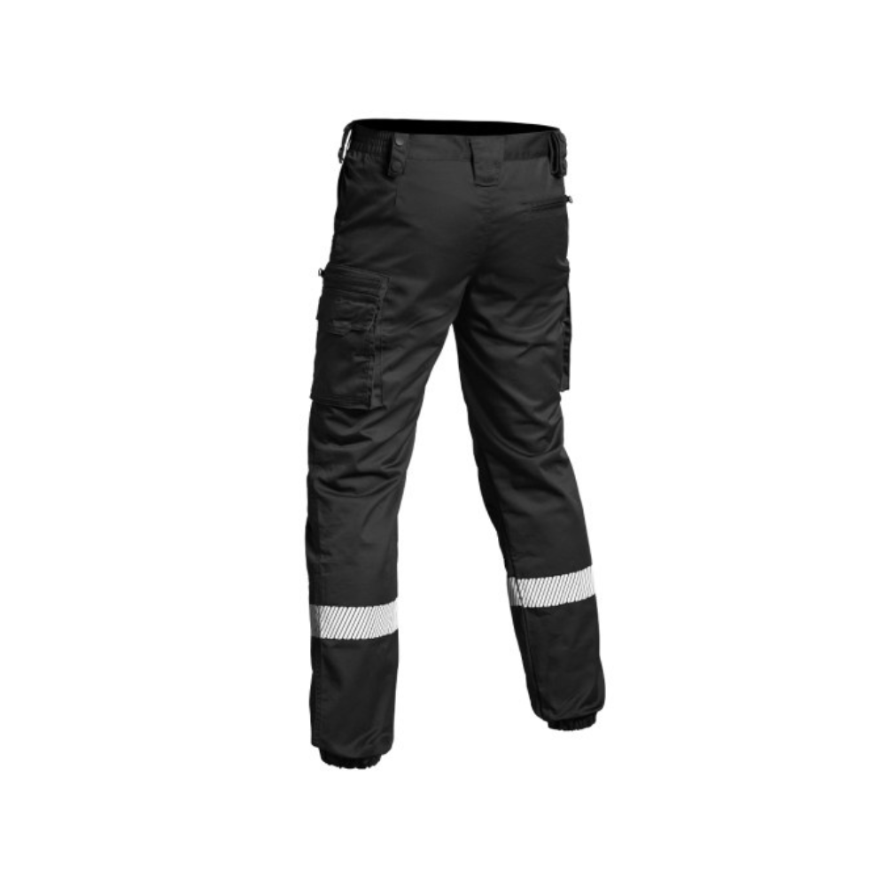 Pantalon noir V2 SÉCU-ONE avec bas élastique et bandes HV-TAPE pour sécurité privée de A10 Equipment