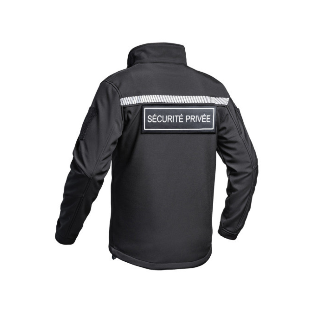 Veste softshell noir SÉCU-ONE HV-TAPE pour sécurité privée avec isolation thermique et technologie HARD-SHELL, vendu par A10 Equipment.