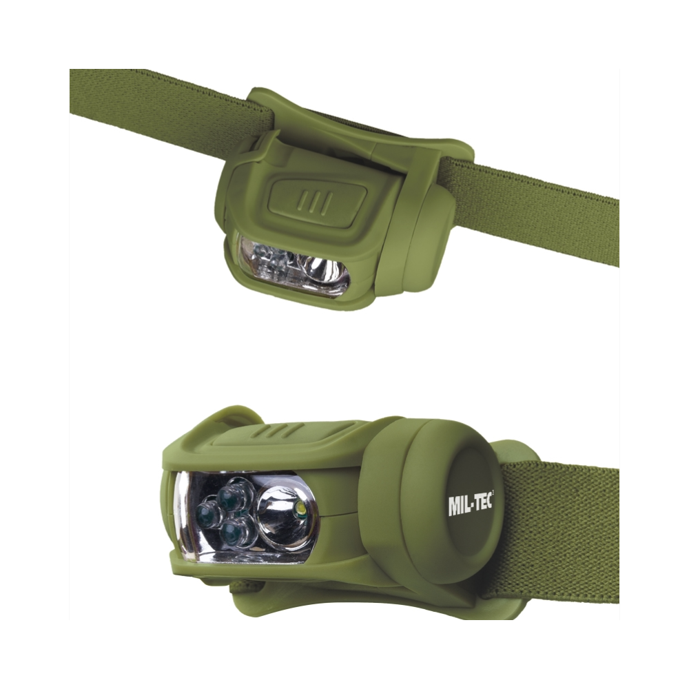 Lampe frontale LED 4 Mil-Tec avec bandeau en polyester, 65 lumens, durée d'éclairage de 18 heures, possibilité de fixation dans le système molle, lumière claire avec LED ultra