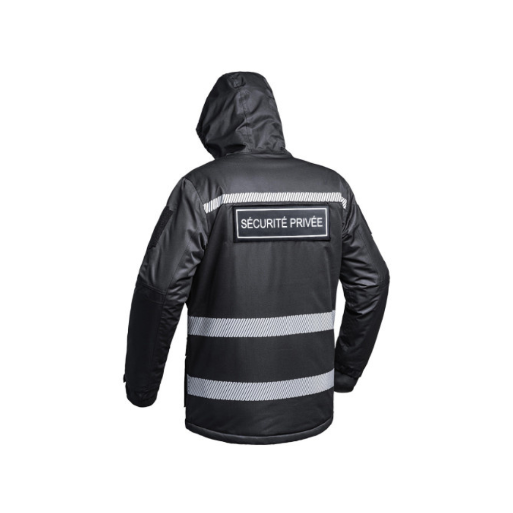 Parka Hardshell SÉCU-ONE WF 150 HV-TAPE pour Sécurité Privée noire avec bandes rétro-réfléchissantes et technologies d'isolation thermique et d'étanchéité