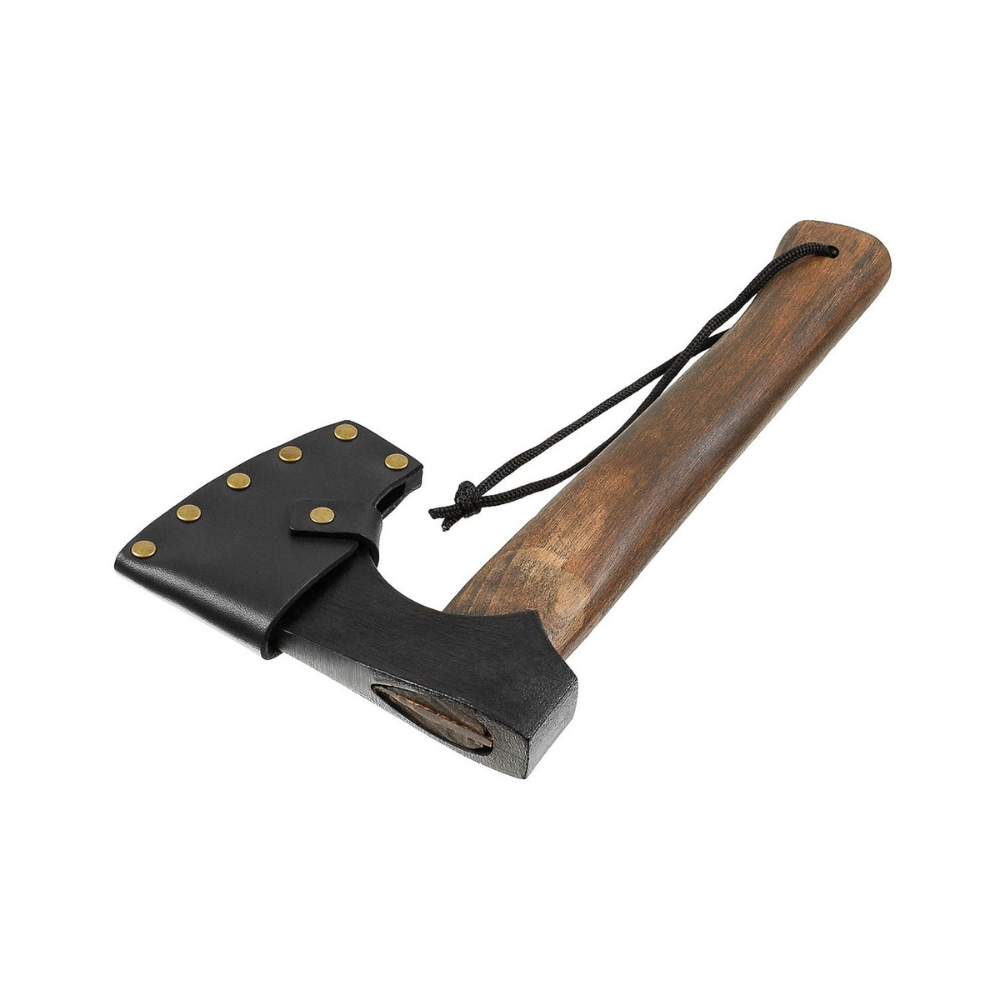 Hache Viking avec manche en bois de frêne et fourreau en cuir, tête en inox noirci, longueur totale 28.5 cm, poids 720 g - MFH