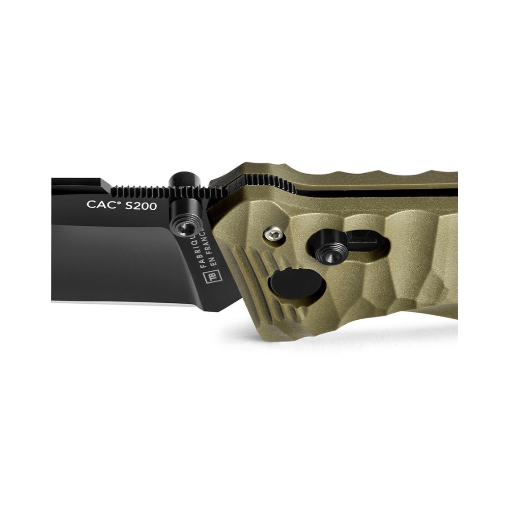 Couteau pliant Cac S200 Vengeur Edition avec lame mixte et coupe-sangle, manche toxifié en polymère chargé de fibres de verre, fabriqué en France par Tarrerias-Bon