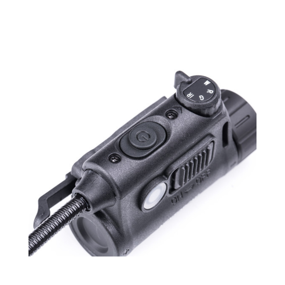 RStar rechargeable helmet lamp with white, red, green and infrared lighting, flexible neck and easy mounting features.