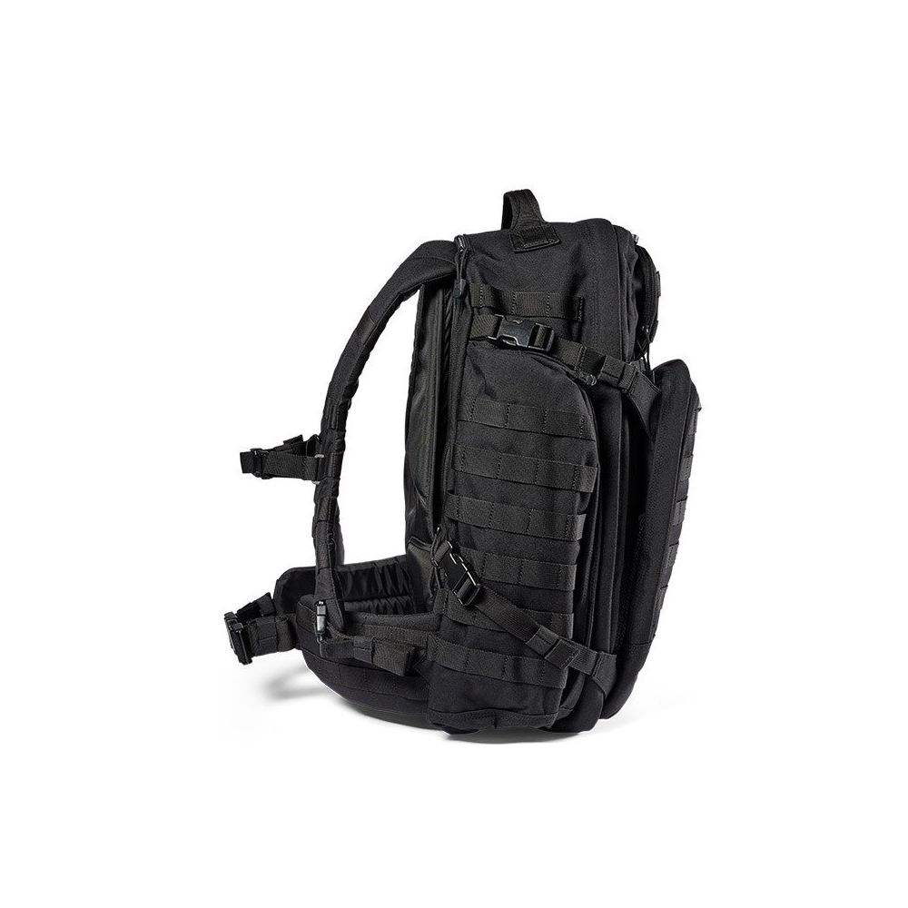 Sac à dos tactique Rush 72 noir de 55L résistant à l'eau avec nombreux compartiments et poches, idéal pour mission de plus de 36h