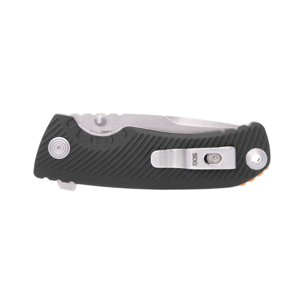 Couteau de poche SOG Tellus FLK pour usage outdoor avec lame large et manche texturé pour une meilleure adhérence