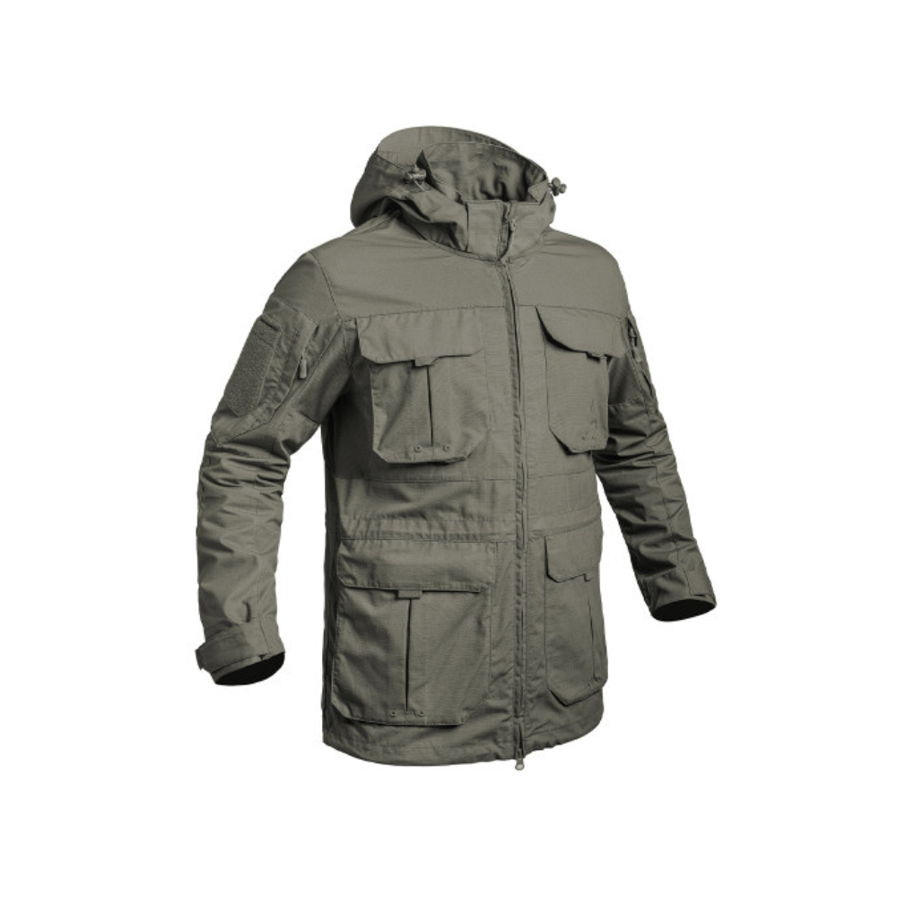 Veste longue militaire résistante et fonctionnelle FIGHTER de A10 EQUIPMENT avec capuche amovible et nombreuses poches