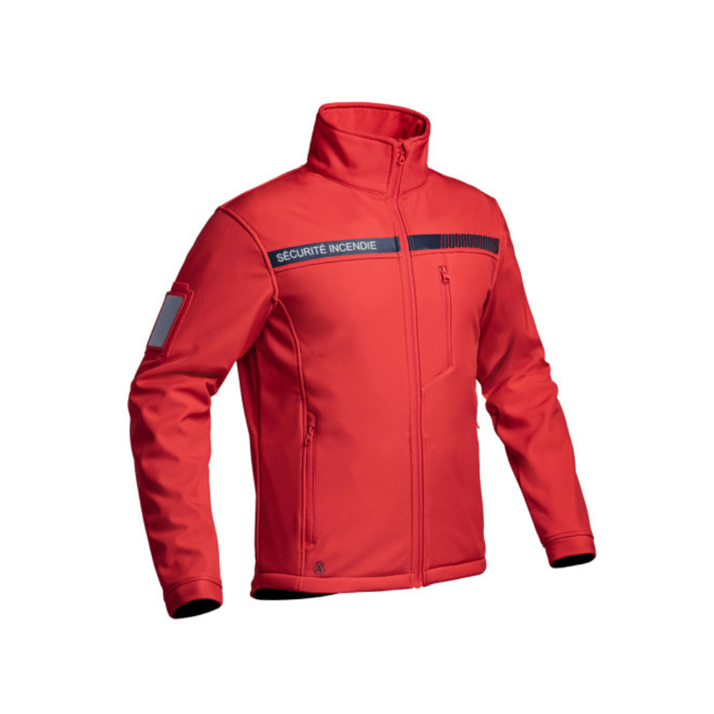Veste softshell rouge pour la sécurité incendie de la marque A10 Equipment, résistante et fonctionnelle avec marquage poitrine et compatibilité avec porte-carte velcro.