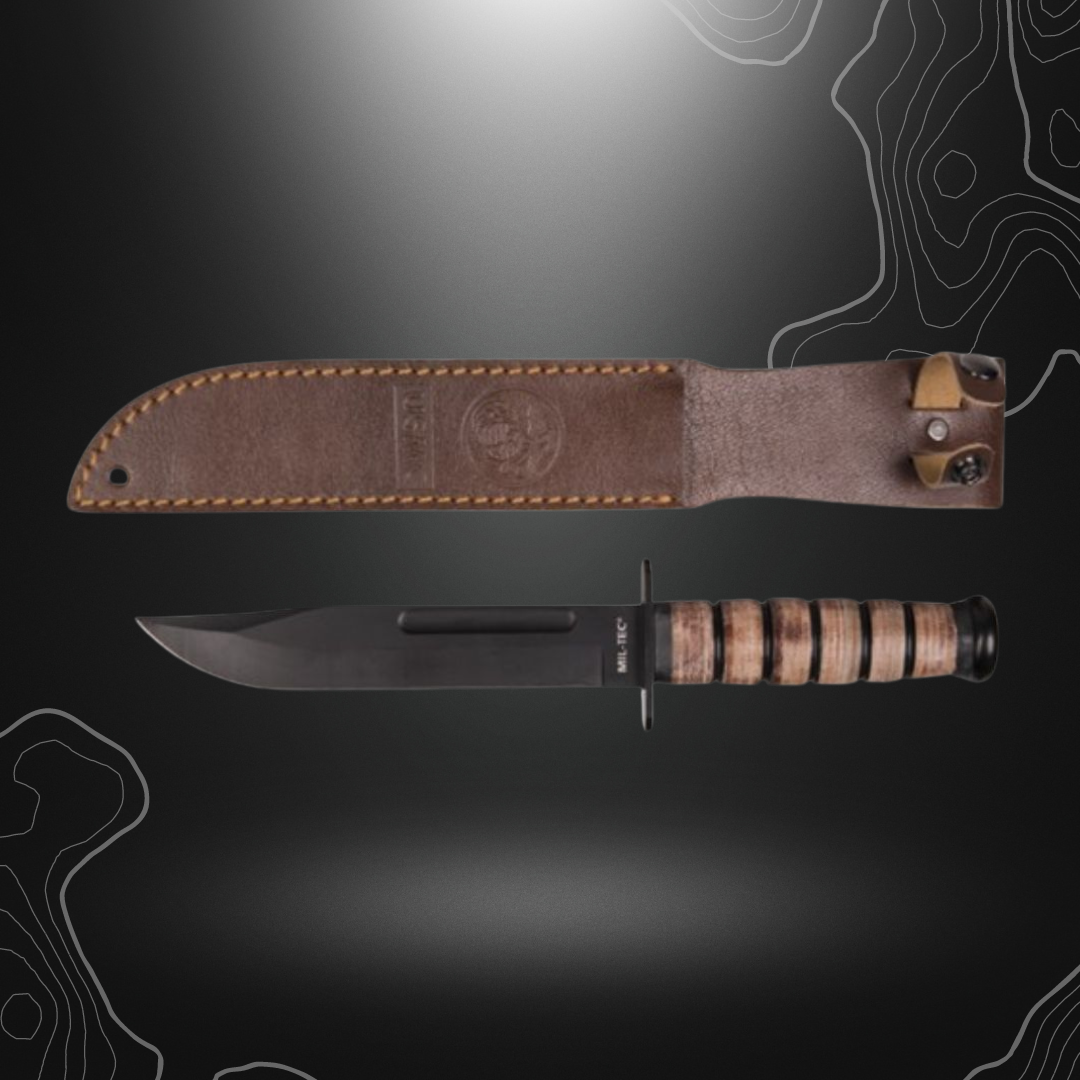 USMC combat knife with leather sheath by Miltec, featuring a 17cm matte black blade, 30cm total length, all made with 100% steel and bovine leather