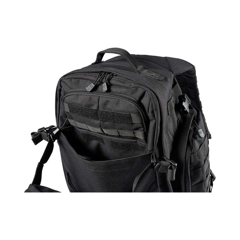 Sac à dos tactique 55L Rush 72H noir de 5.11 avec nombreux compartiments et fonctionnalités.