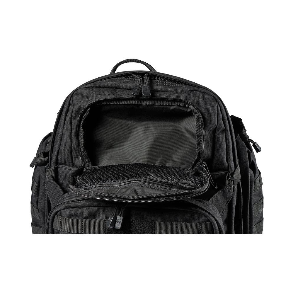 Sac à dos tactique noir Rush 72 55L de 5.11, résistant et spacieux avec nombreux compartiments et système d'hydratation intégré.