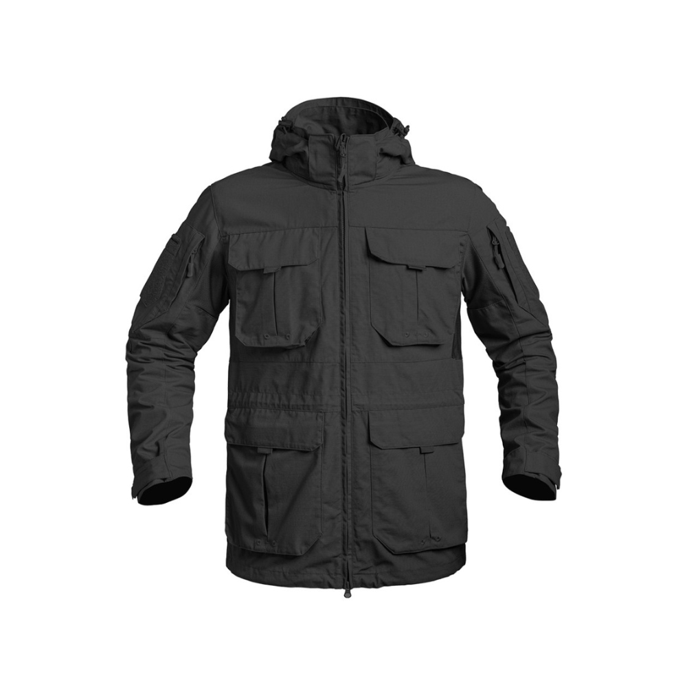 Veste longue Fighter d'A10 Equipment en tissu Ripstop résistant, avec capuche amovible et de nombreuses poches, idéale pour les militaires et les combattants.