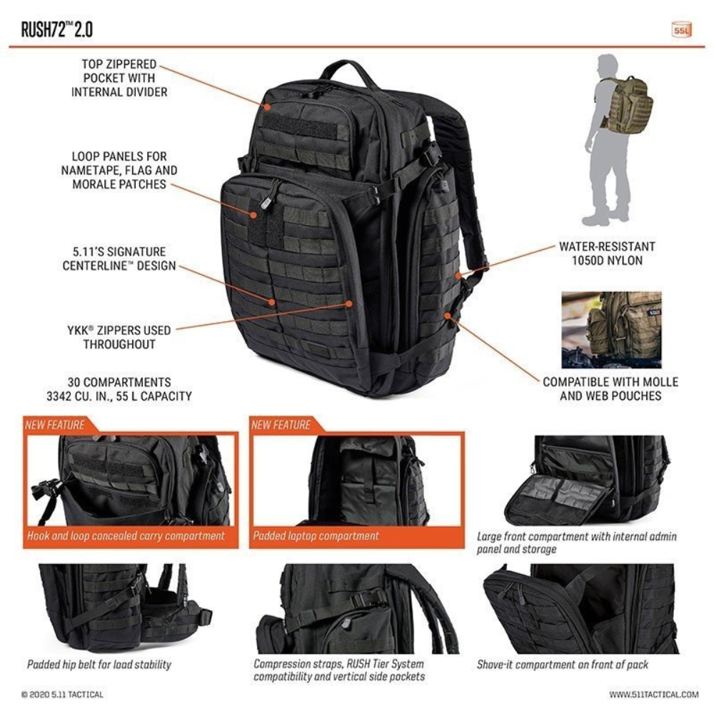 Sac à dos tactique noir 55L Rush 72 de 5.11 avec nombreux compartiments, poche pour ordinateur, passants MOLLE et système d'hydratation.