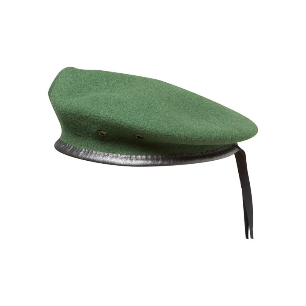 Beret de la Légion Spécial Commando vert, 100% laine avec porte insigne, pourtour en cuir et lacet viscose noir, diamètre 8 pouces, doublure 100% ac
