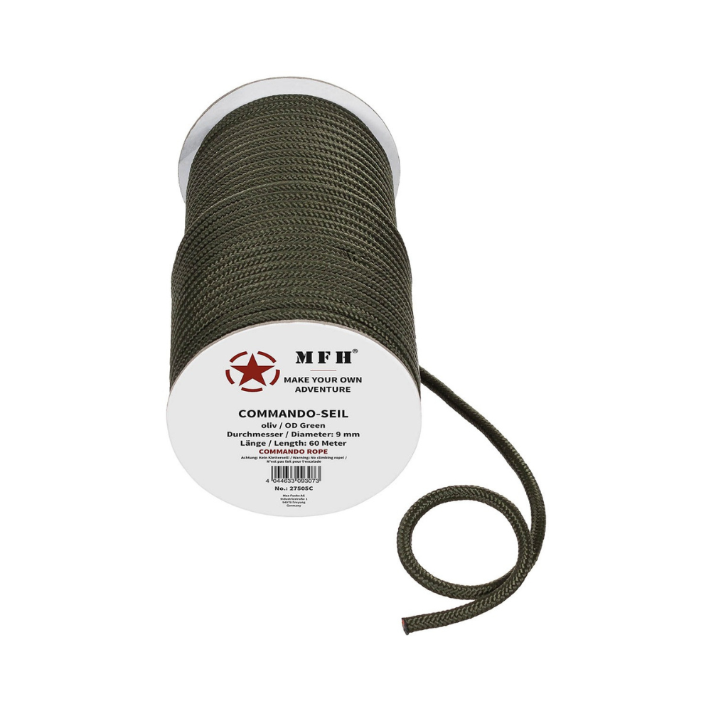 Corde Commando 9mm x 60m verte olive en 100% polypropylène de MFH, ne convient pas pour l'escalade