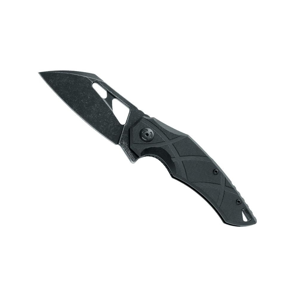 Blackwash FOX EDGE ATRAX G10 Knife with tanto blade and flipper design by Denis Simonutti