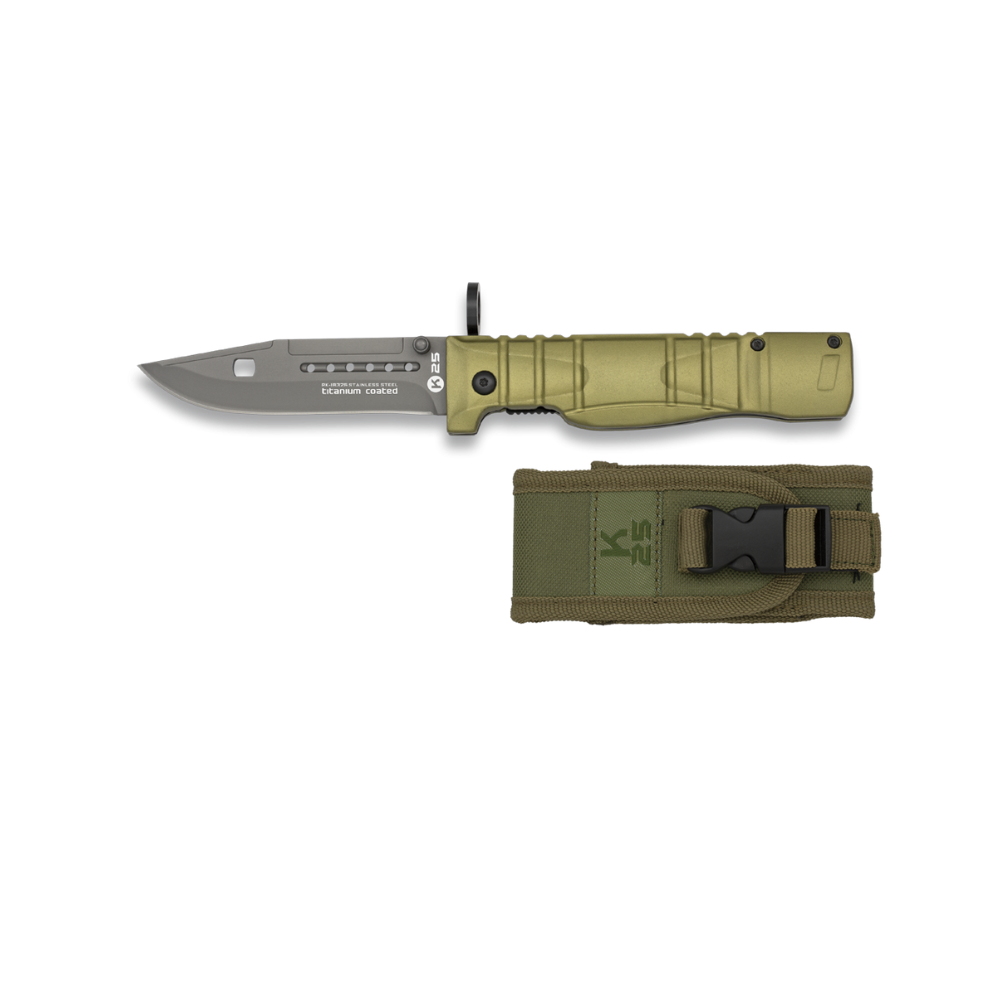 Couteau baïonnette pliant K25 vert avec lame en acier de 9.3 cm
